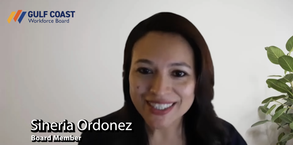 Sineria Ordonez, Gulf Coast Workforce Board member, speaking during a virtual presentation.
